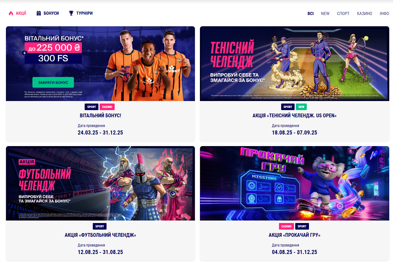 Раздел промо на сайте казино Фавбет — бонусы, акции и активация промокода